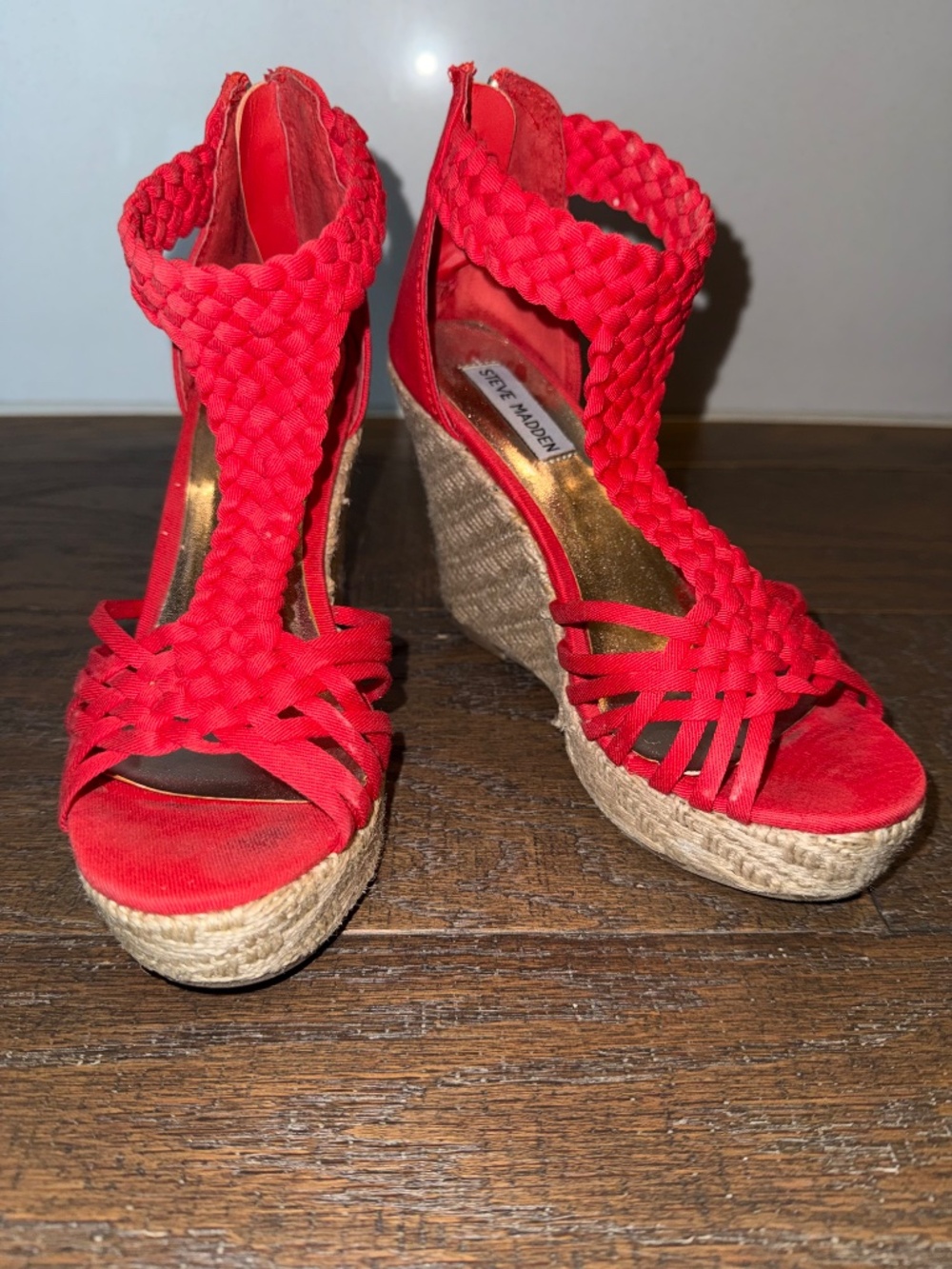 Steve Madden Bright Red Orange Braided Espadrille Platform Wedge Sandals Size 6